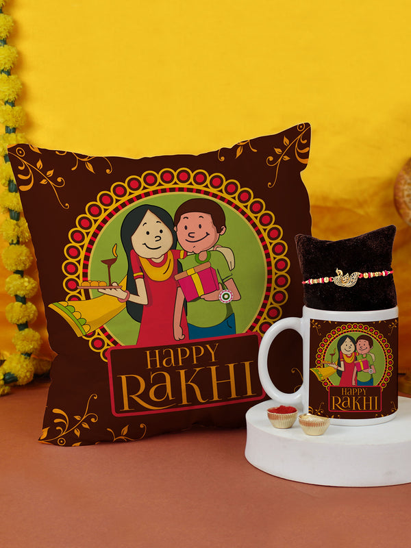 Raksha bandhan Rakhi for Bhaiya with Coffee Mug (325 ml) and Cushion Filler (12 x 12 Inch) Mini Card