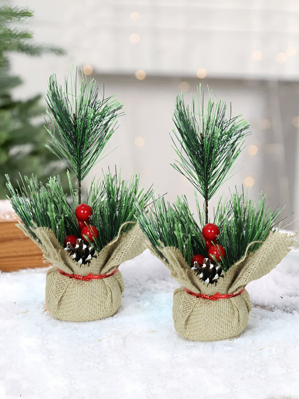 2Pcs Red & Green Textured Mini Christmas Tree Decor