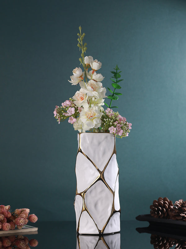 White & Gold Toned Geometrical Shape Flower Vase
