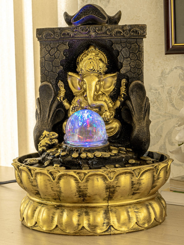 Black and Gold-Toned Ganesha LED Table Top Water Fountain