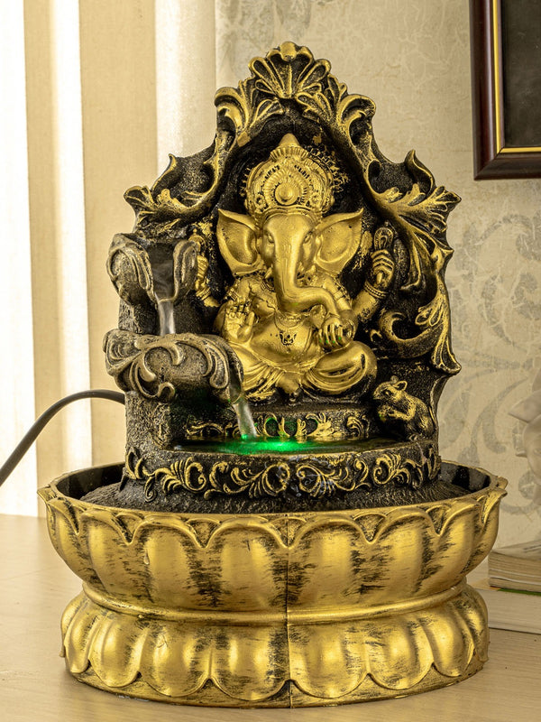 Black and Gold-Toned Welcome Home Ganesha LED Water Fountain