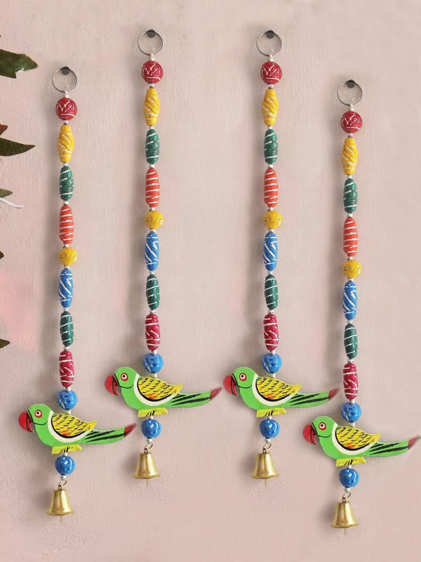 Green and Red Set of 4 Parrot Bamboo-Wood Wall Door Hangings Toran Latkan