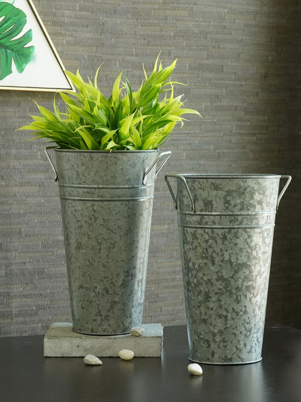 Set Of 2 Silver-Toned Solid Metal Flower Vases
