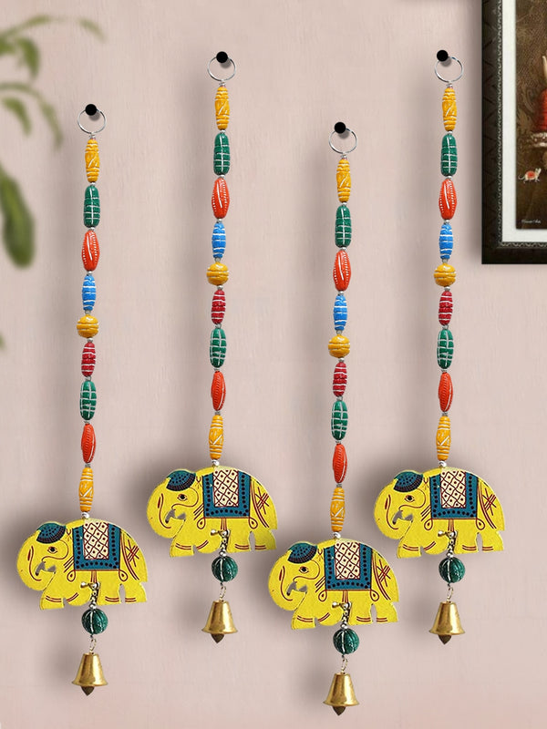 Set Of 4 Yellow coloured Wood Elephant Hangings Wall Decor