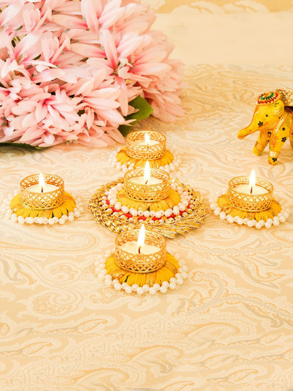 Set Of 5 Gold-Toned Diwali Dcoration Tealight Candle Holder