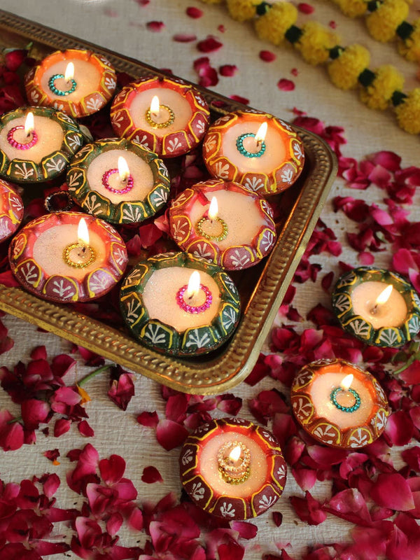 Set of 12 Multi Terracotta Clay Wax Filled Diya Candles