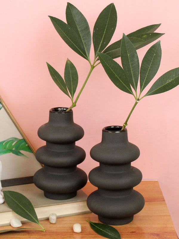 Set of 2 Black Ceramic Flower Vases