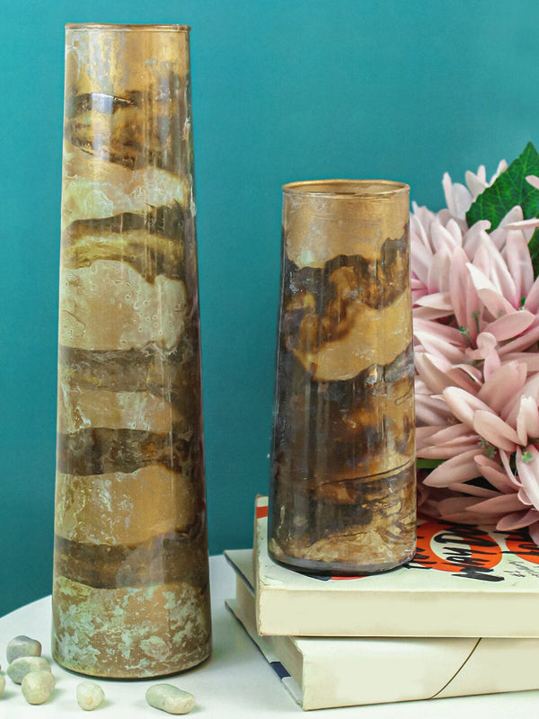 Set of 2 Brown & Gold Printed Flower Glass Vases