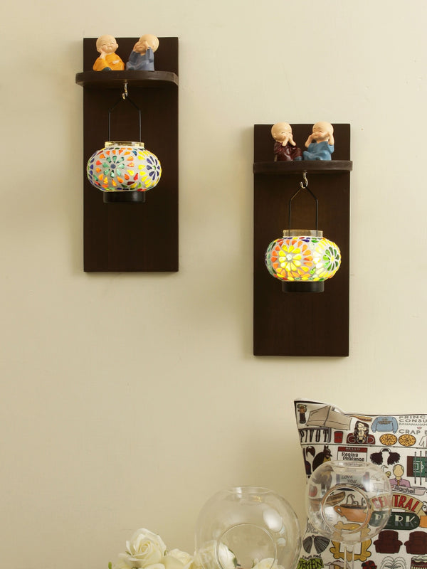 Set of 2 Brown and Blue Wall Shelf With Candle Holder and Buddha Monks