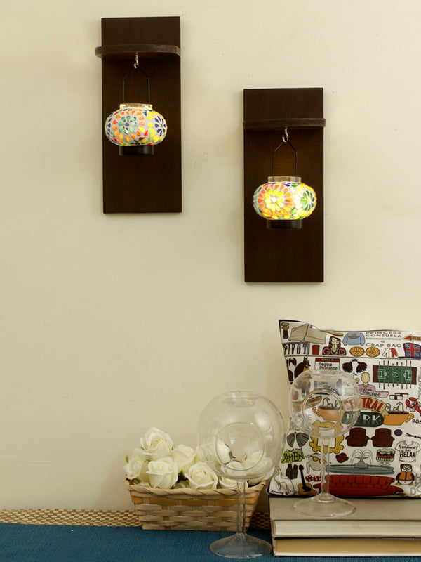 Set of 2 Brown and Yellow Wall Shelf With Candle Holder