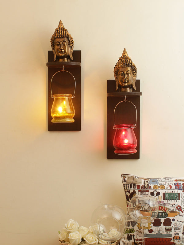 Set of 2 Brown and Yellow Wall Shelf With lantern & Buddha Head