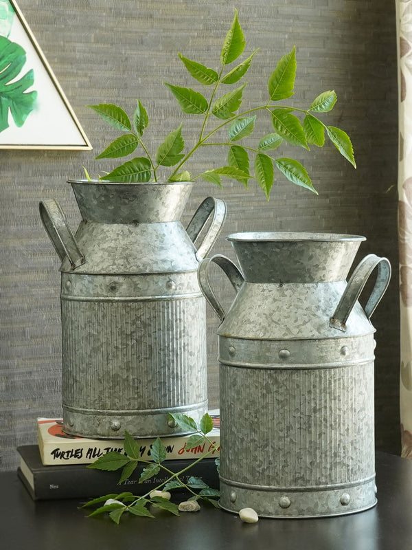 Set of 2 Silver-Toned Flower Vase Pot With Handle