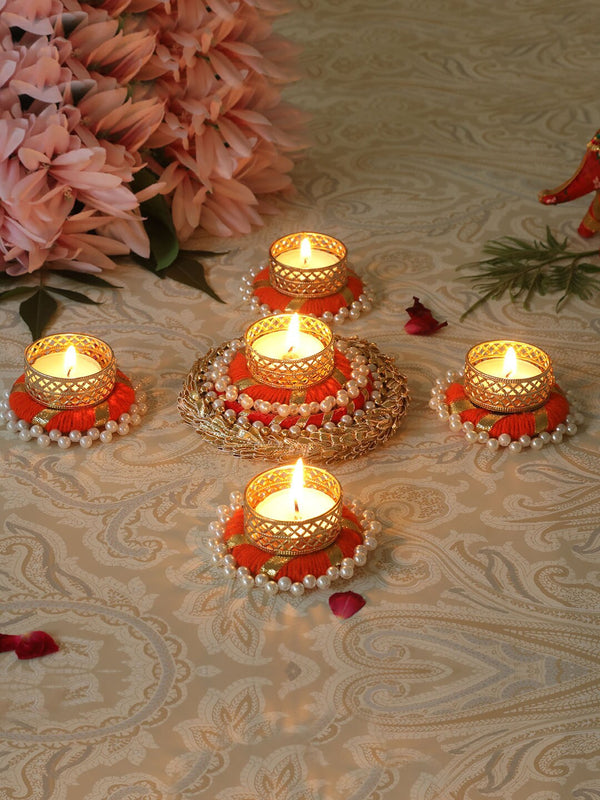 Set of 5 Orange & Gold Tealight Candle Holder