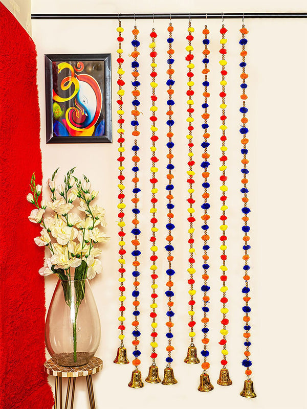 Set of 8 Multicoloured Wall Door Hanging Pom Pom Torans with Bells